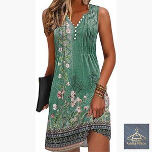 Sleeveless V-Neck Summer Dress with Pockets, Boho Floral Print, Polyester Blend